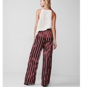 Wide-leg striped satin pants high-rise maroon